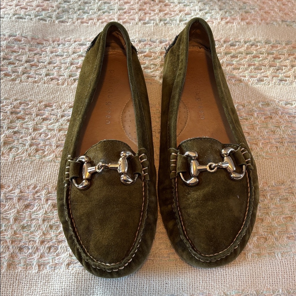 Patricia Green Olive Suede Loafers with Silver Bit
